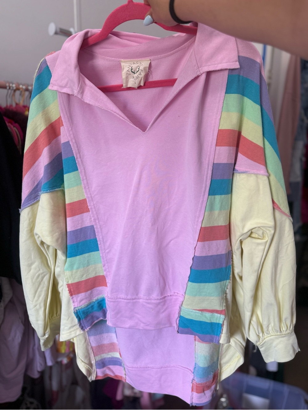 Fantastic Fawn Pastel Pink Pullover with Rainbow Stripes